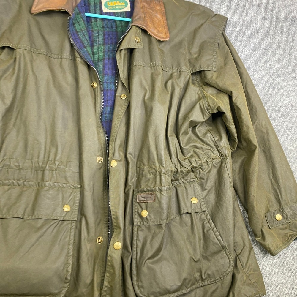 Rm Williams Mens Oilskin Jacket Waxed Cotton Leather Collar Green Plaid Lined L View 3